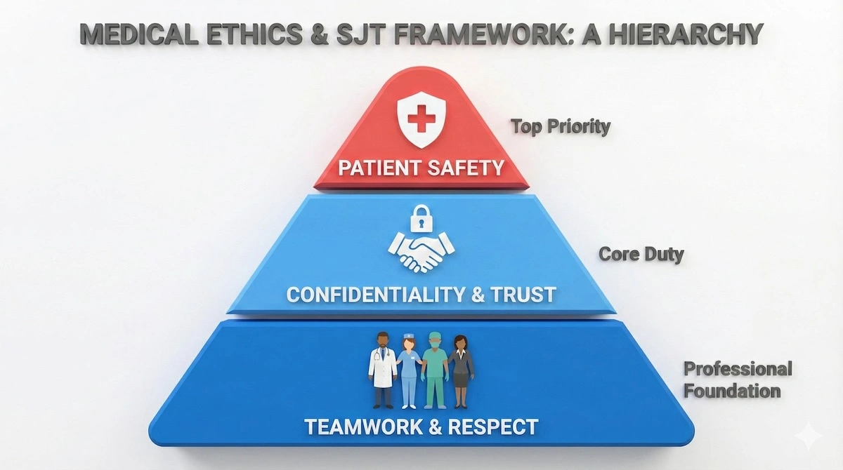 Priority pyramid for Situational Judgement: Patient Safety at the top, followed by Confidentiality, and Teamwork at the base.