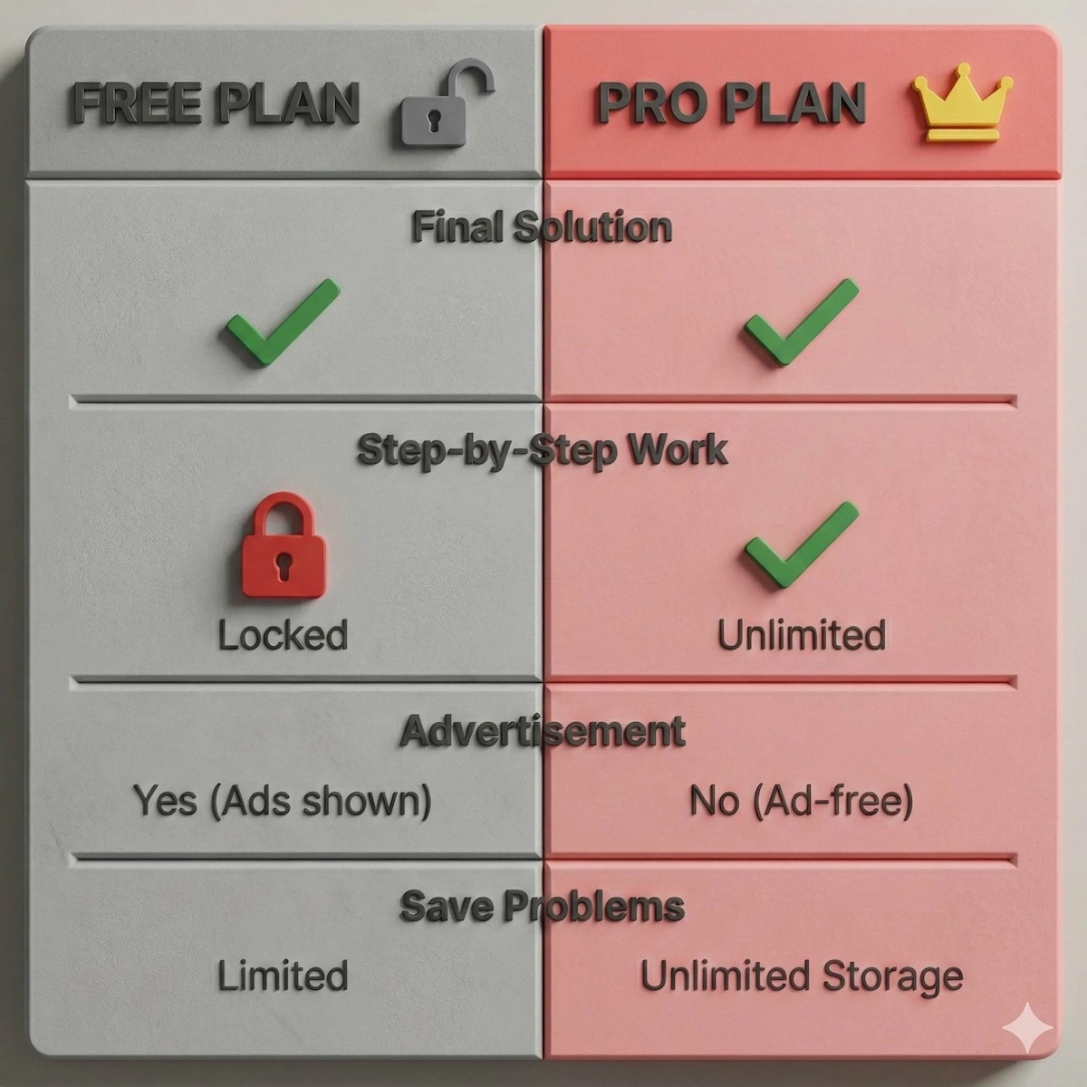 Comparison table of Symbolab Free vs Pro Plan features showing locked step-by-step solutions on free version versus unlimited access on paid version.