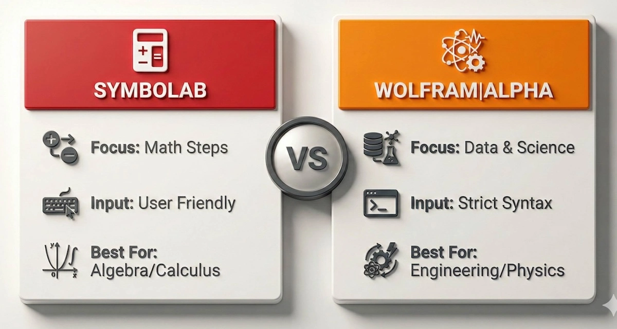 Symbolab vs Wolfram Alpha comparison infographic highlighting differences in focus, input difficulty, and best use cases for engineering students.