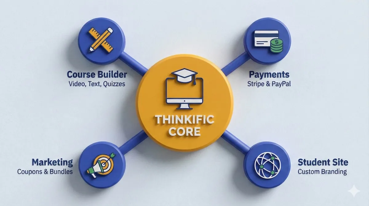 Concept map showing Thinkific platform features including Course Builder, Payments, Marketing tools, and Student Site customization.