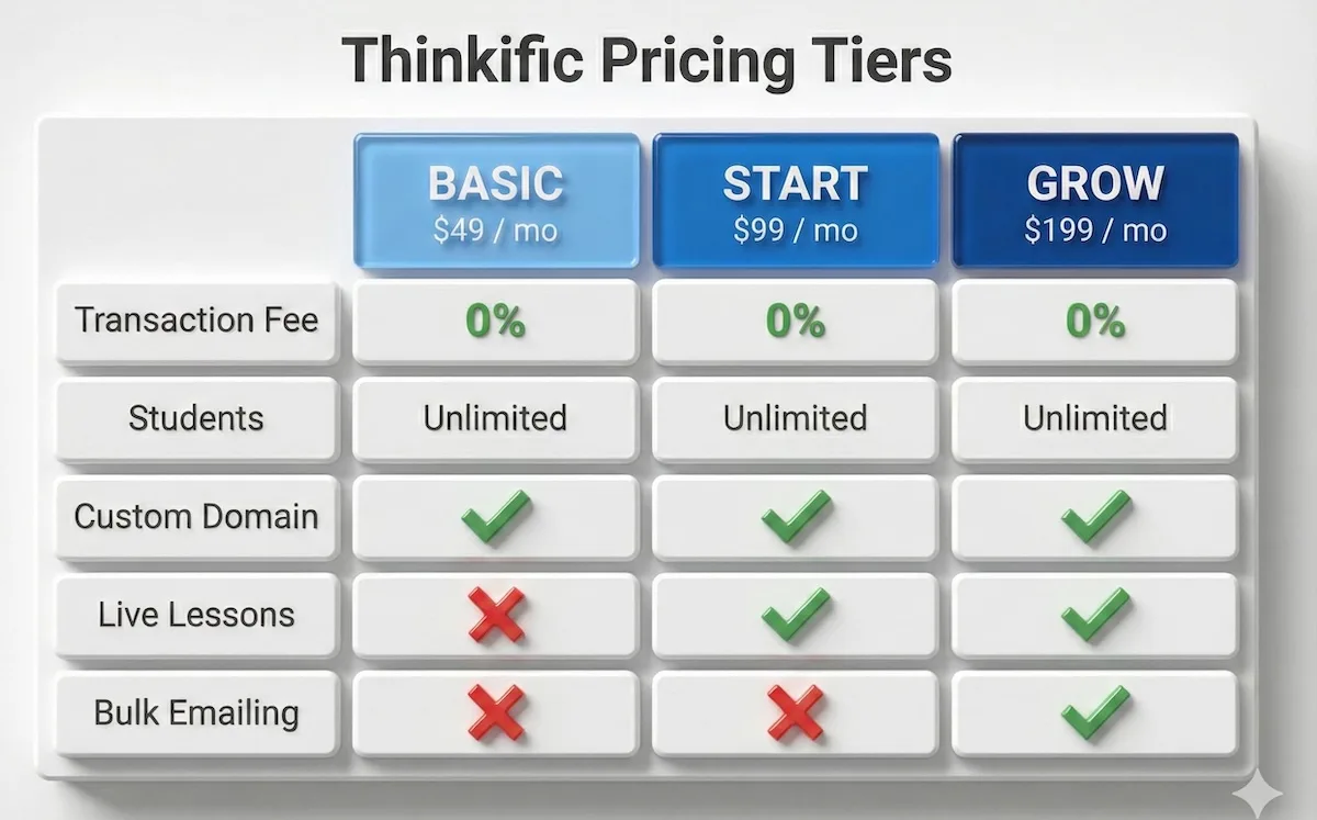 Comparison table of Thinkific Basic ($49), Start ($99), and Grow ($199) plans showing 0% transaction fees on all.