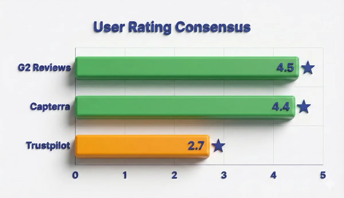 Bar chart comparing Thinkific user ratings: G2 (4.5/5), Capterra (4.4/5), and Trustpilot (2.7/5).