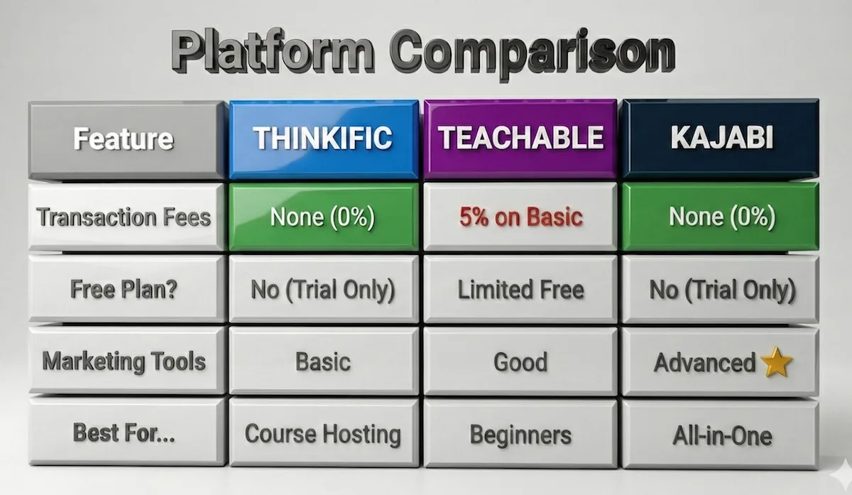 Comparison matrix showing Thinkific vs Teachable vs Kajabi on fees, free plans, and marketing tools.