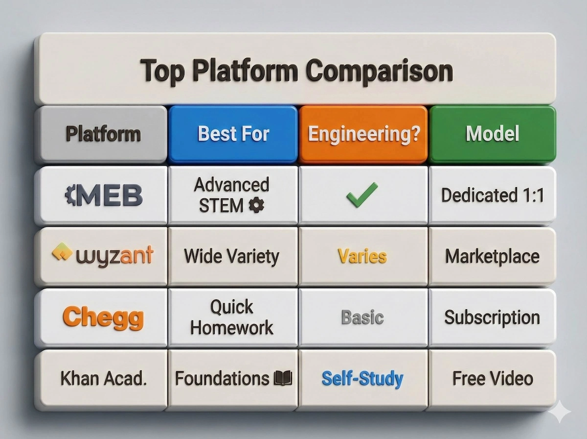 Comparison table of My Engineering Buddy, Wyzant, Chegg, and Khan Academy showing best use cases and engineering specialization.