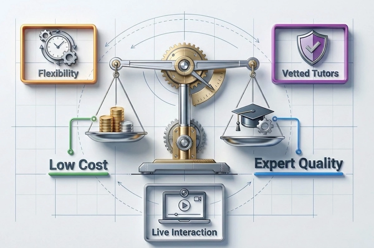 Illustration showing the balance between cost and quality in online tutoring, highlighting flexibility and vetted tutors as key factors.