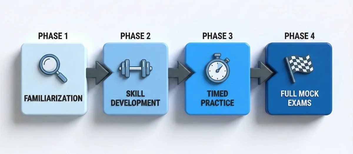 Four-phase UCAT study plan timeline showing progression from Familiarization to Skill Development, Timed Practice, and finally Full Mock Exams.