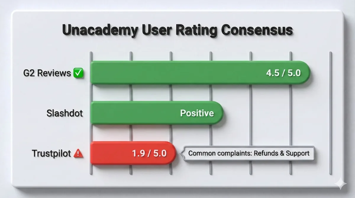 Bar chart comparison of Unacademy ratings showing 4.5/5 on G2 versus 1.9/5 on Trustpilot highlighting refund complaints.