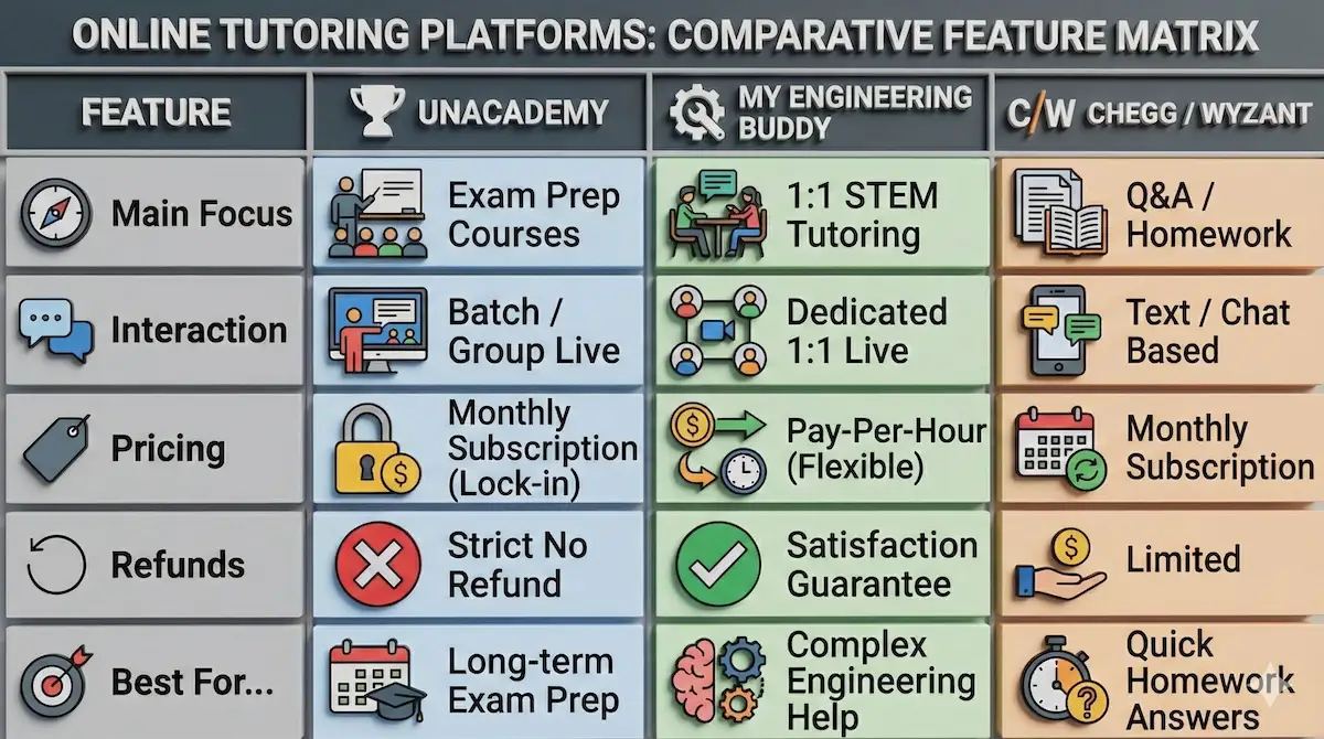 Comparison table showing Unacademy for exam prep, My Engineering Buddy for 1:1 engineering help, and Chegg for quick answers.