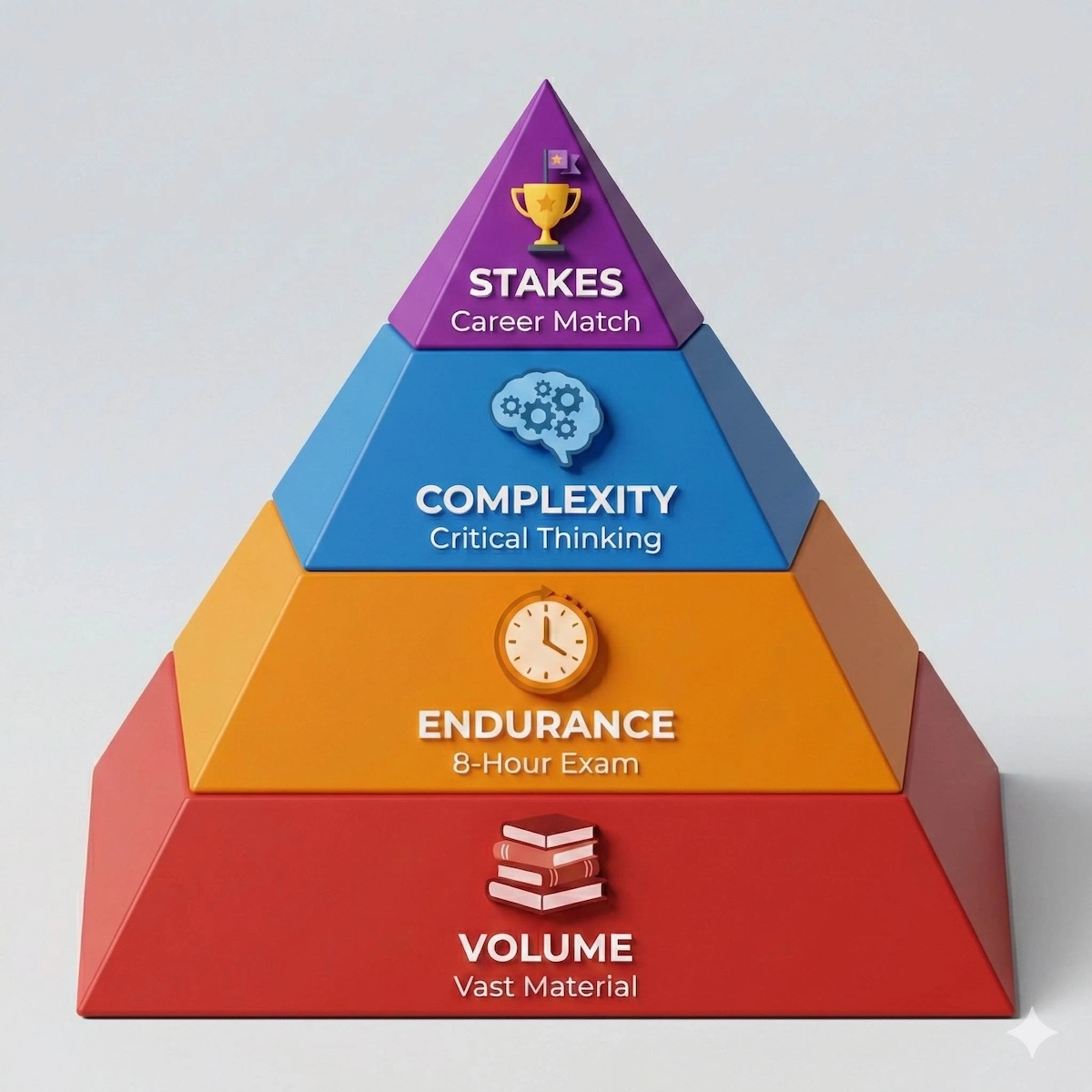 Pyramid chart illustrating the four challenges of the USMLE: Volume of material, Exam endurance, Critical thinking complexity, and High career stakes.