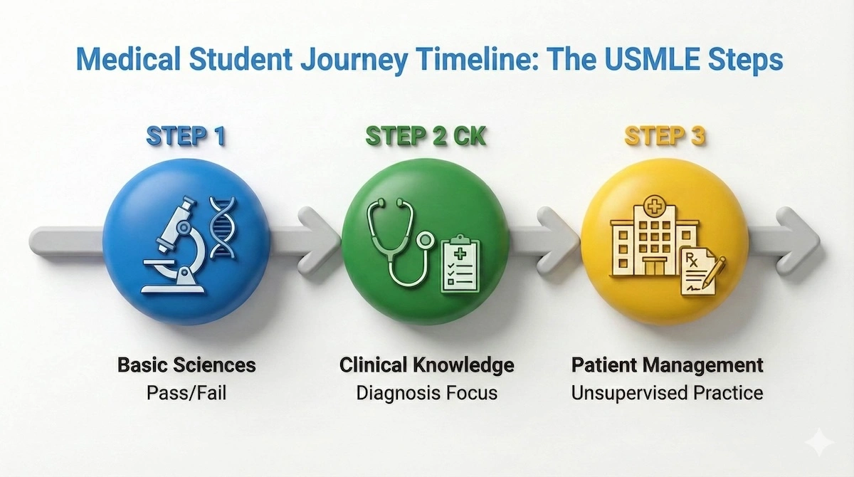 Horizontal roadmap infographic showing the progression of USMLE Step 1 (Basic Sciences), Step 2 CK (Clinical Knowledge), and Step 3 (Patient Management).