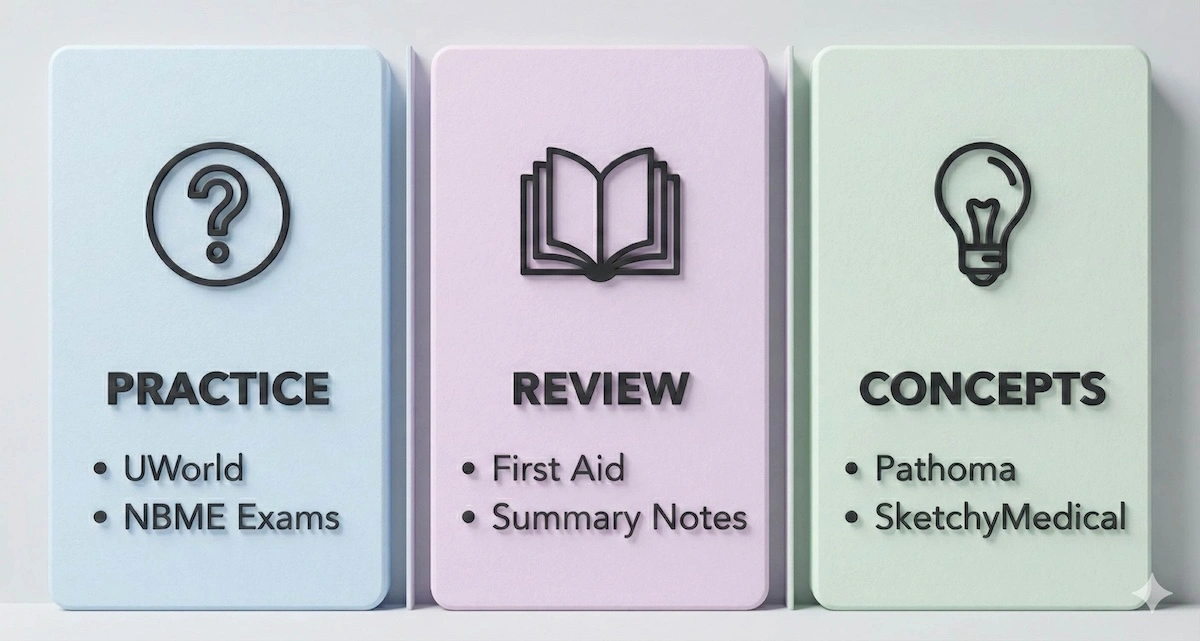 Categorization chart of USMLE study resources divided into Practice (UWorld), Review (First Aid), and Concept understanding (Pathoma, Sketchy).