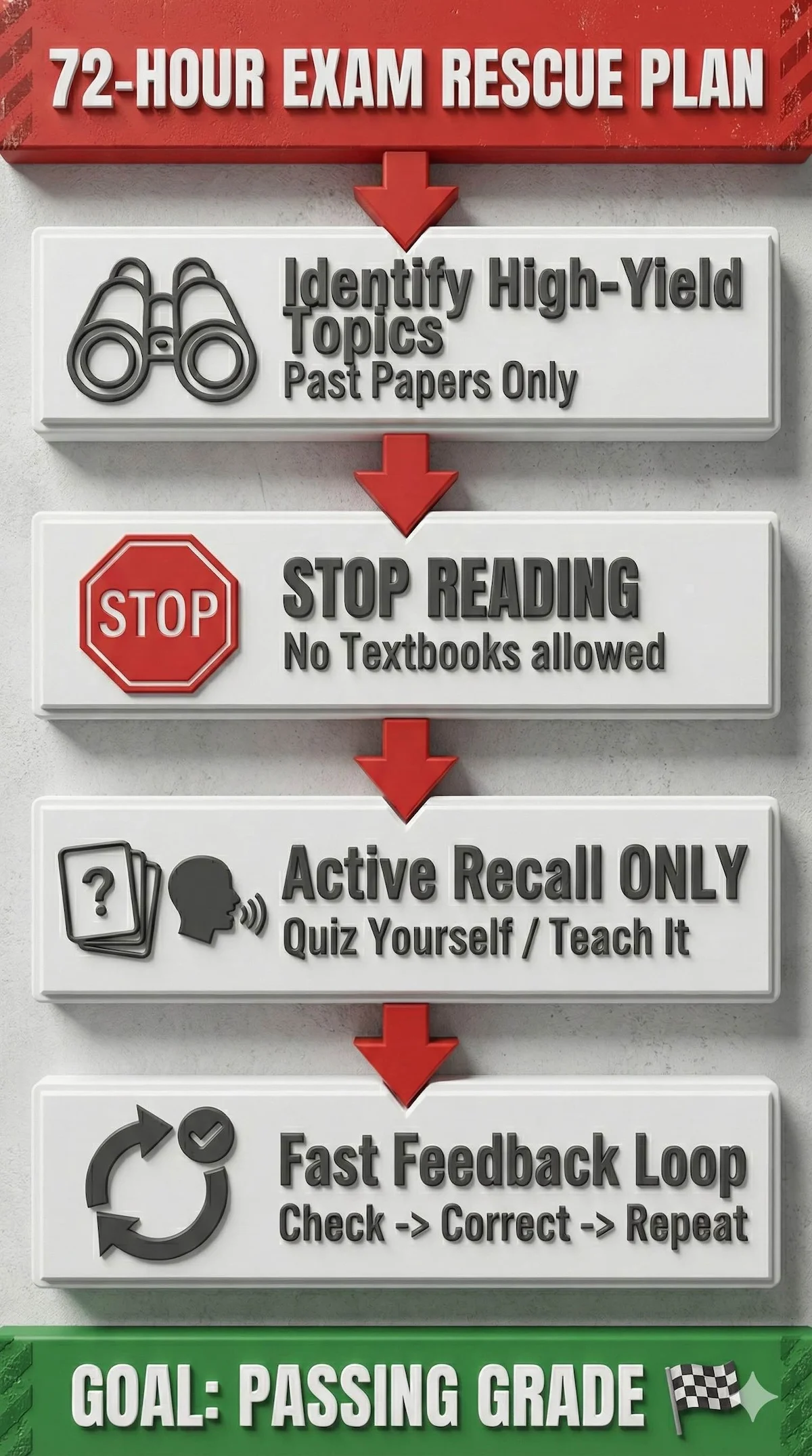 Emergency study flowchart for last-minute exam prep: Identify high yield topics, stop reading, use active recall, and iterate quickly.