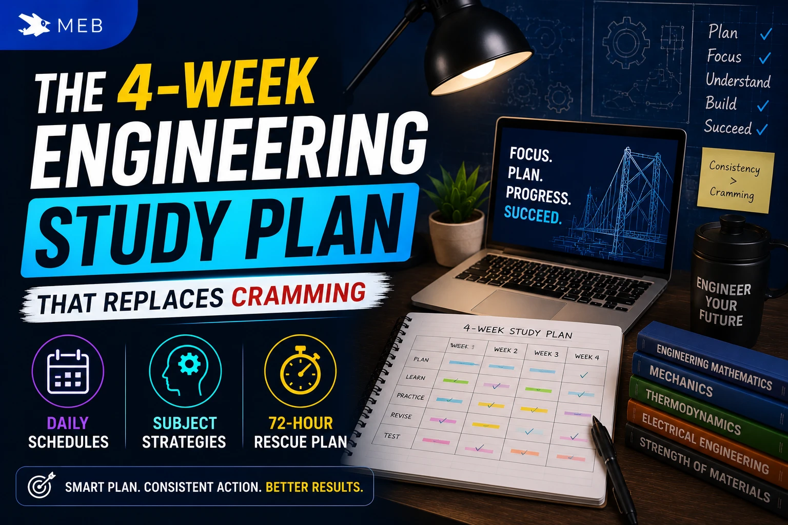 Image shown: The 4-Week Engineering Study Plan That Replaces Cramming &mdash; With Daily Schedules, Subject Strategies, and a 72-Hour Rescue Plan