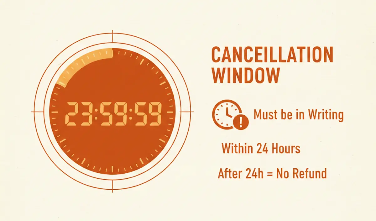 Visual guide warning students about the strict 24-hour written cancellation policy for Achieve Test Prep.