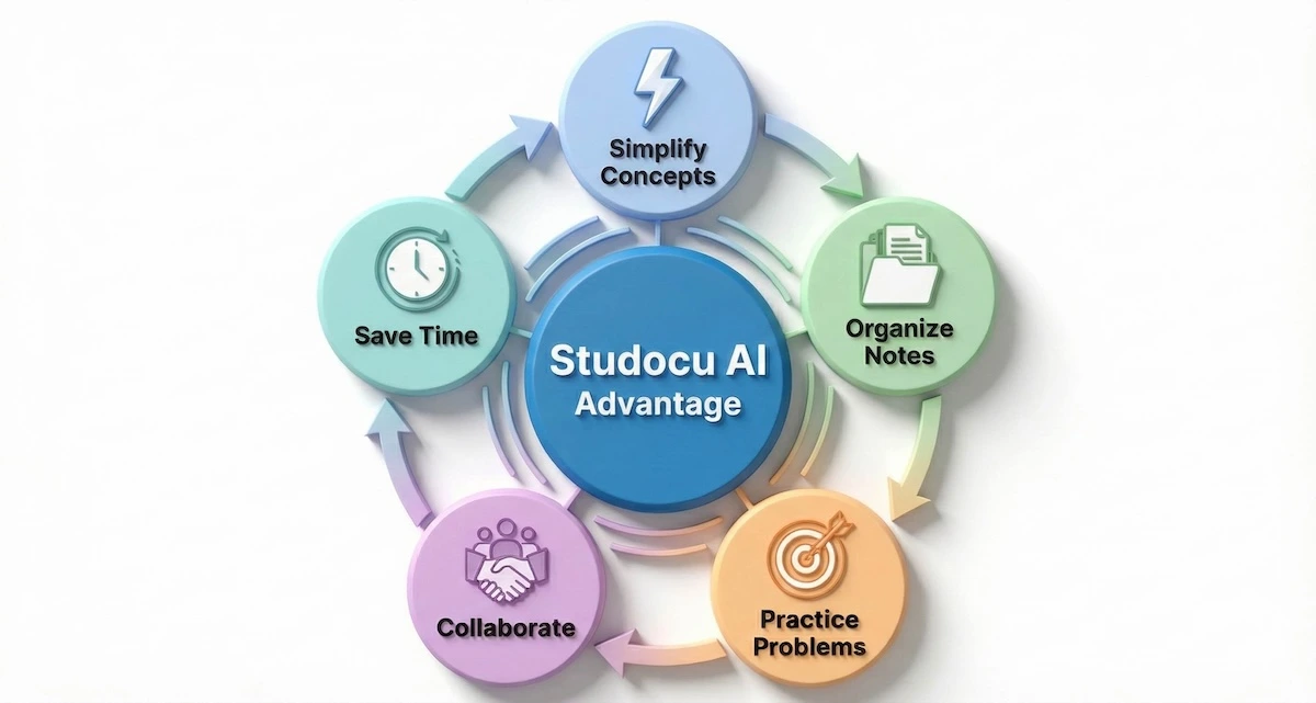 Cycle diagram showing how AI study tools improve STEM student performance through reduced cognitive load, active recall, and more efficient study time