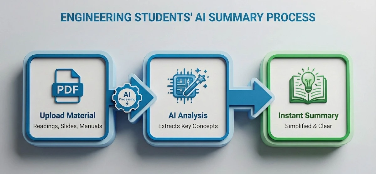 Process flowchart showing how Studocu AI summarizer converts uploaded STEM lecture materials into structured study guides and summaries