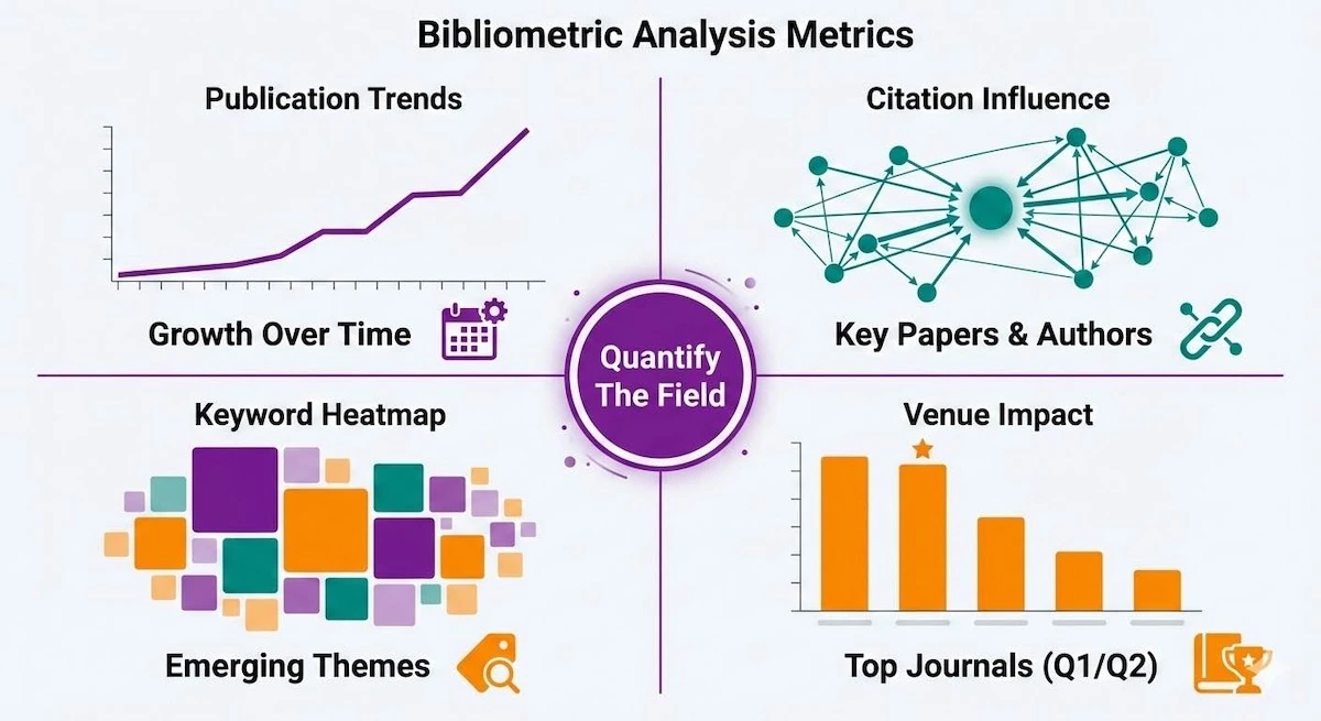 Bibliometric analysis dashboard in AnswerThis showing publication trends by year, citation volumes, keyword frequency, and author contributions