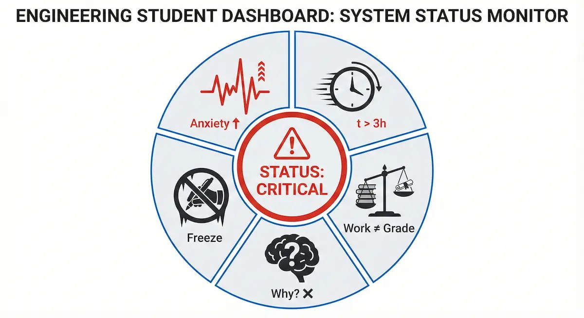 Dashboard visual showing 5 signs you need a math tutor: high homework time, low grades, confusion, freezing, and anxiety.