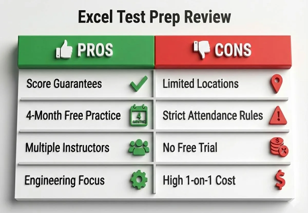 Comparison table showing pros and cons of Excel Test Prep, highlighting the Exam Club as a pro and limited locations as a con.