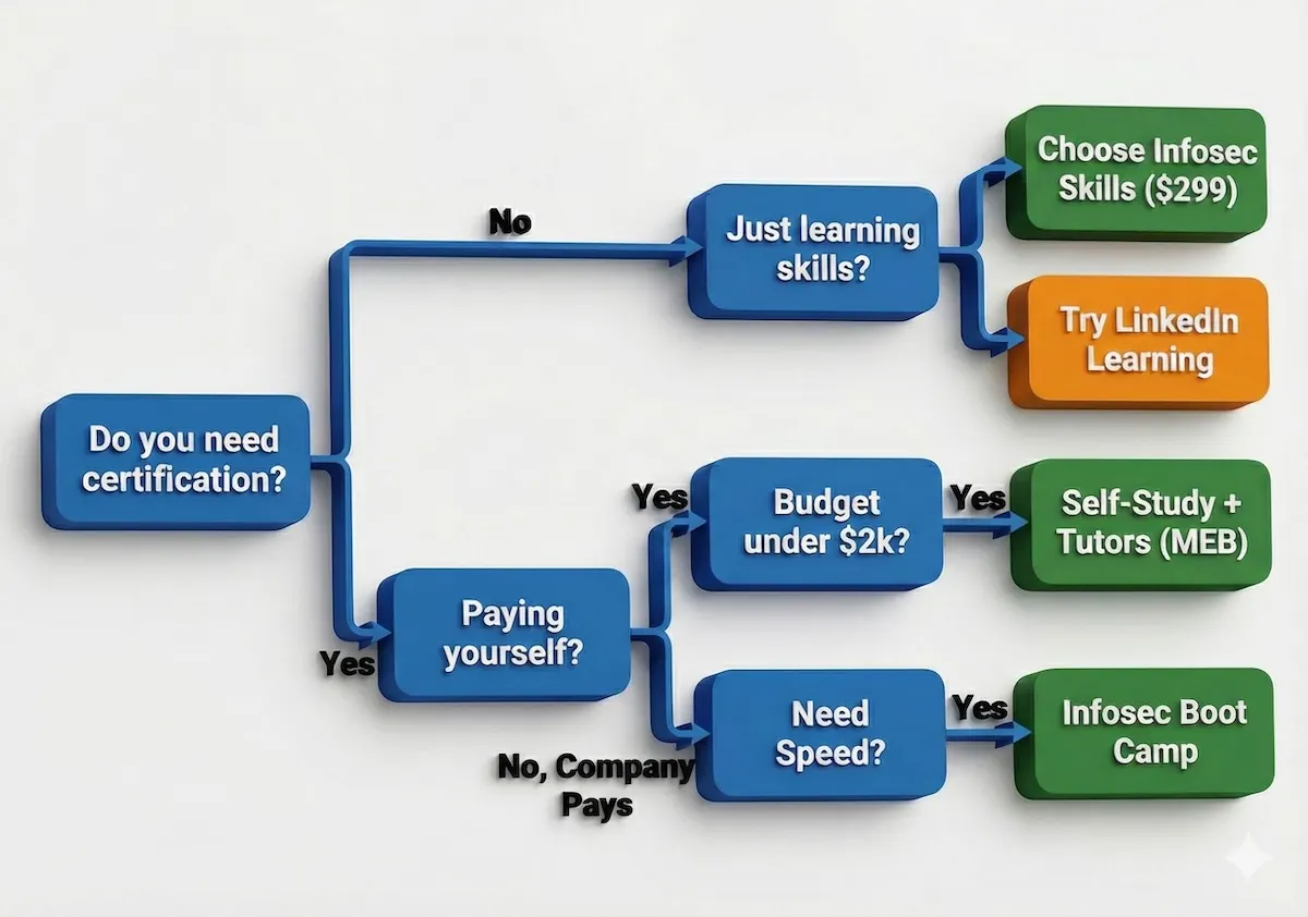 Decision tree flowchart helping students decide between Infosec Skills, Boot Camps, or alternatives based on budget and certification goals.