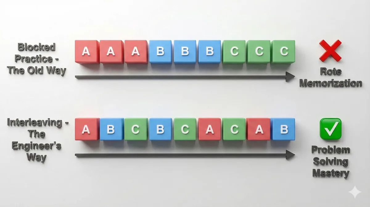 Diagram comparing blocked practice (AAA BBB CCC) versus interleaved practice (ABC BCA CAB) showing that mixing topics leads to mastery.