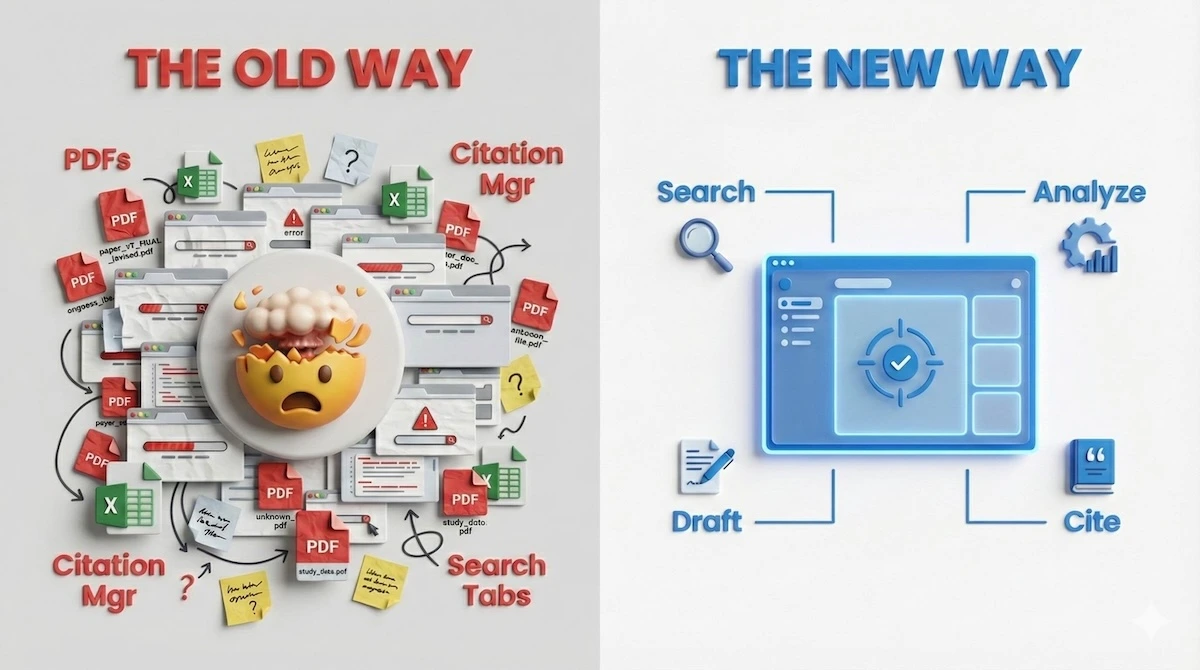 Comparison of traditional fragmented literature review workflow versus AnswerThis integrated discovery, evaluation, and synthesis platform