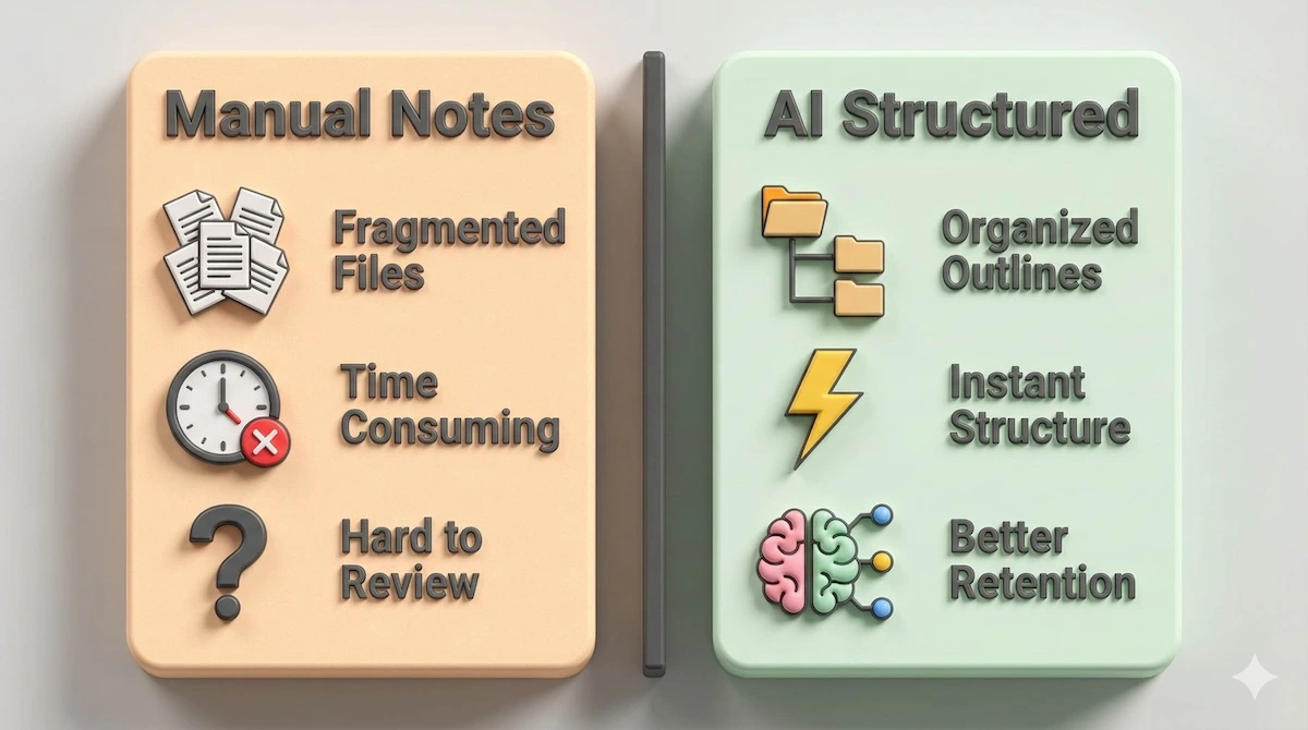 Side-by-side comparison of manual STEM notes versus AI-organized Studocu notes showing improved structure and concept mapping