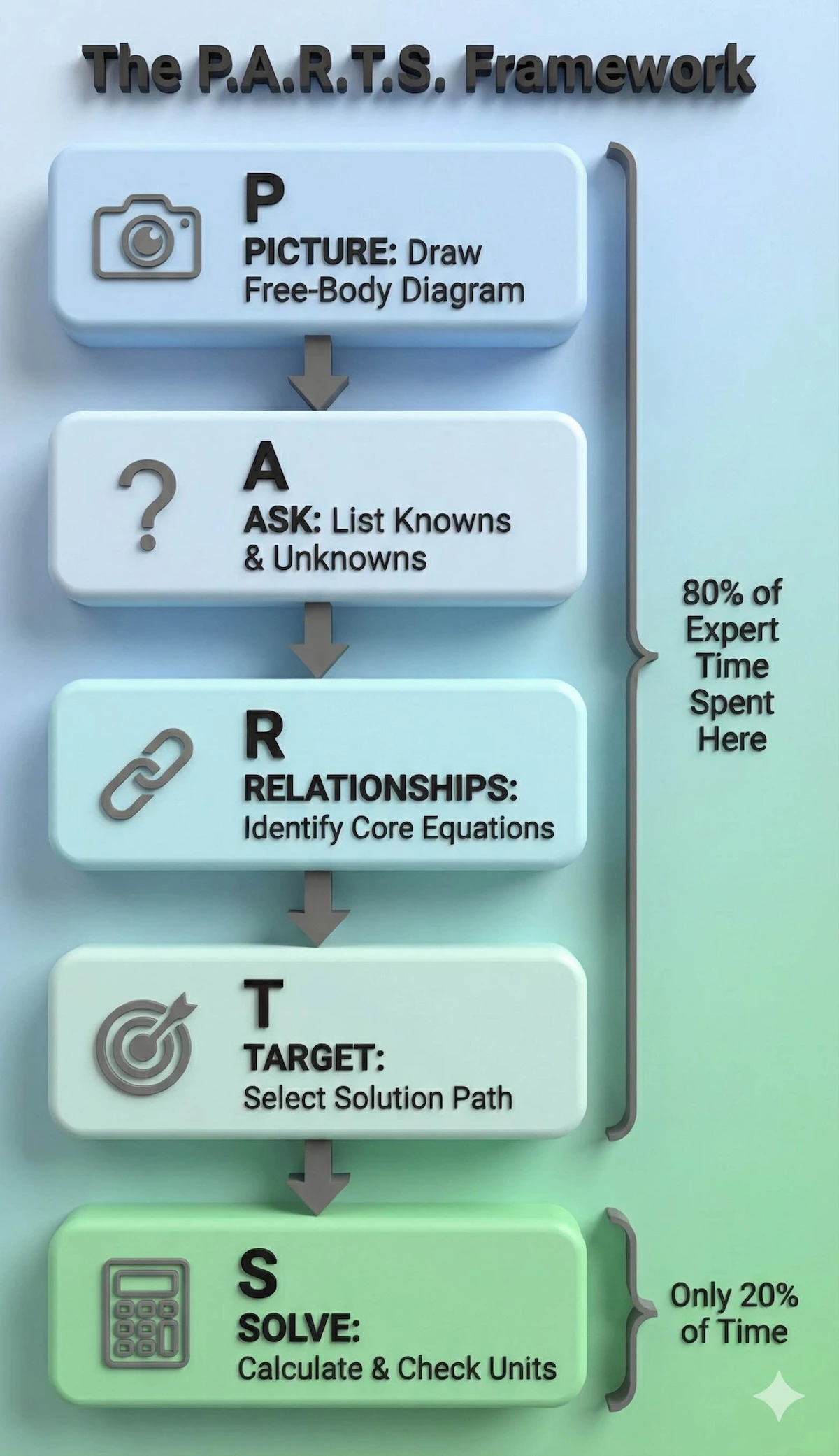 Vertical flowchart illustrating the P.A.R.T.S. physics problem solving framework: Picture, Ask, Relationships, Target, Solve.