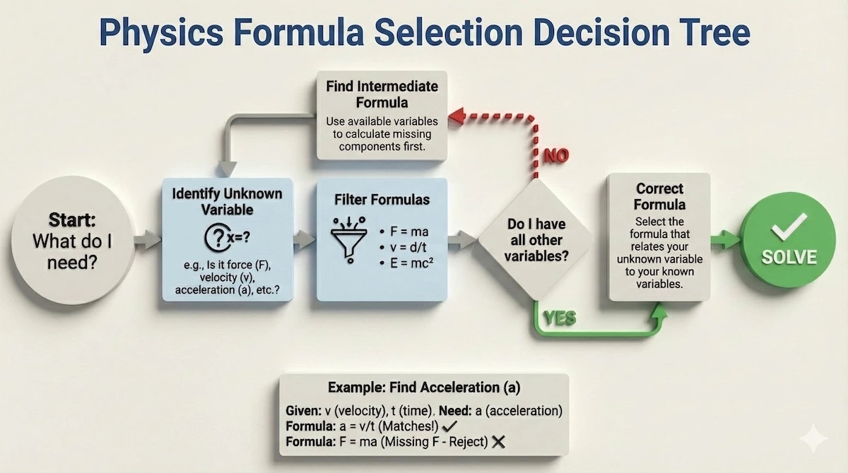 Decision tree flowchart showing how to choose the correct physics formula by filtering for known variables.