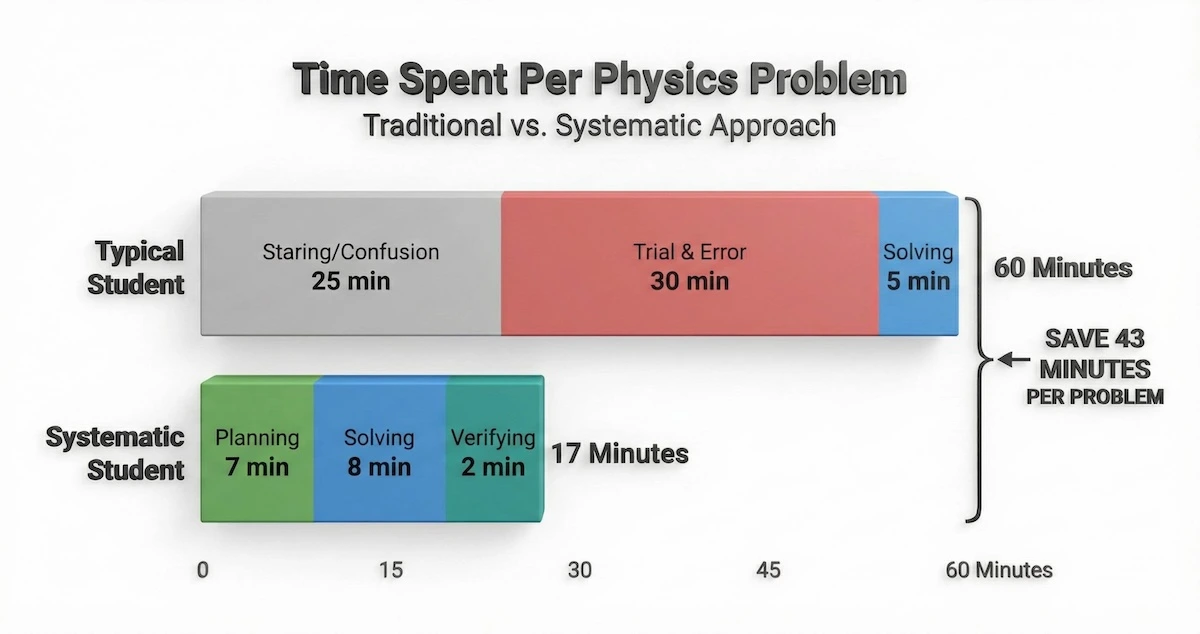 Stacked bar chart comparing 60 minutes spent on physics problems using trial-and-error versus 17 minutes using a systematic approach.