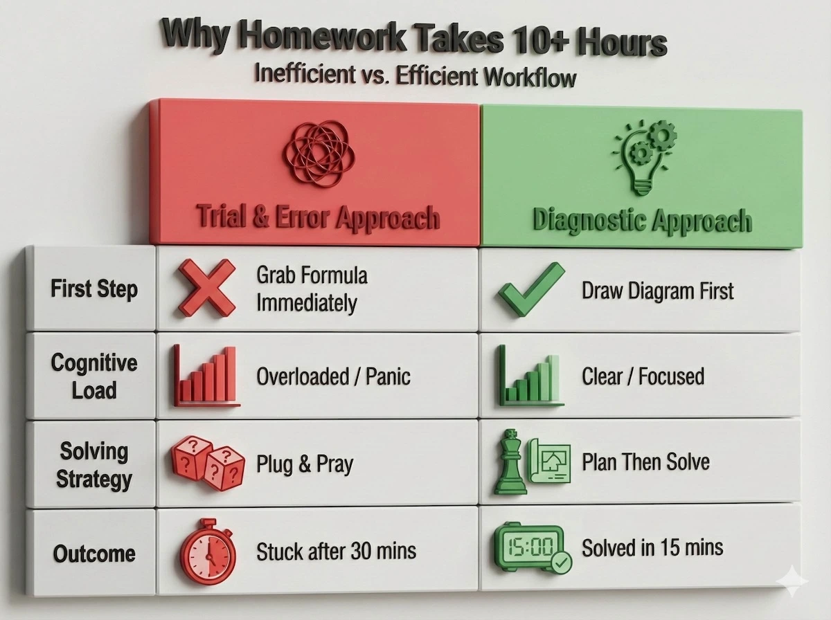 Comparison table showing differences between inefficient trial-and-error physics problem solving versus the efficient diagnostic approach.