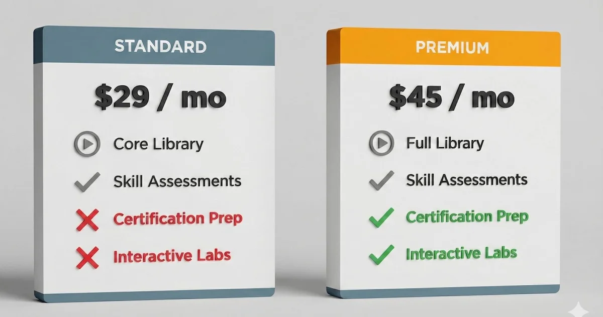 Pricing comparison table showing Pluralsight Standard plan at $29/mo versus Premium plan at $45/mo which includes labs and certification prep.