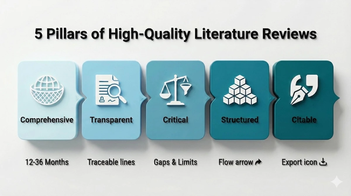 Five criteria for a high-quality literature review: comprehensive coverage, transparent sourcing, critical evaluation, structured synthesis, and exportable citations