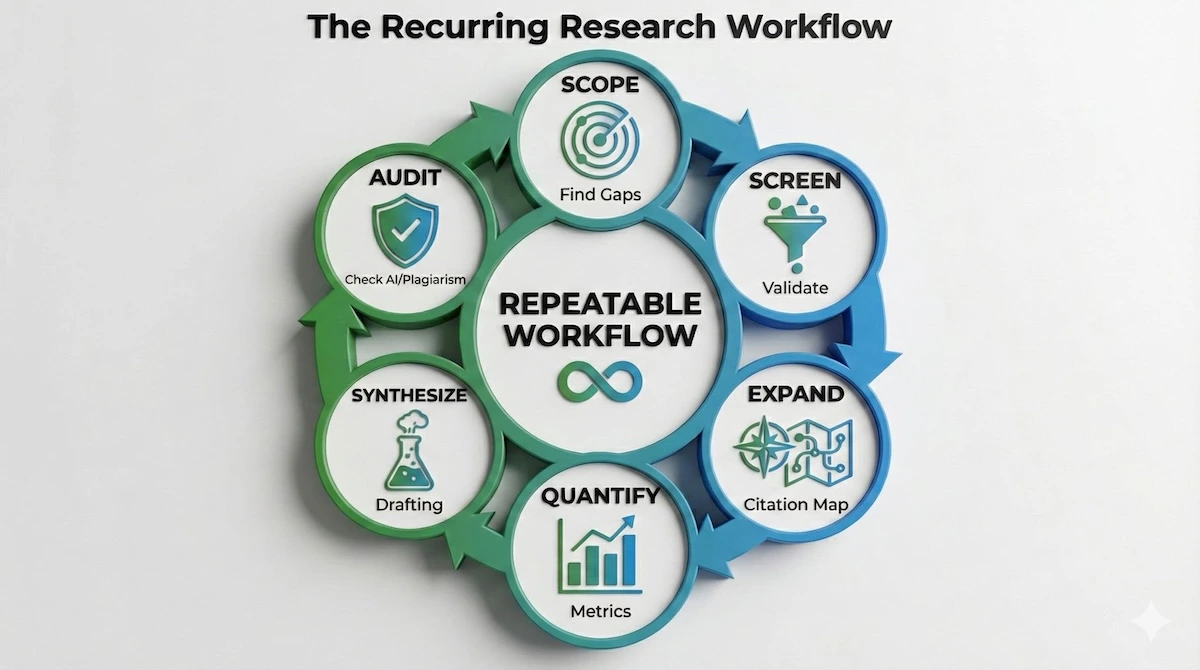 Repeatable literature review cycle diagram showing the seven-stage process from scope setting through export and audit for academic research