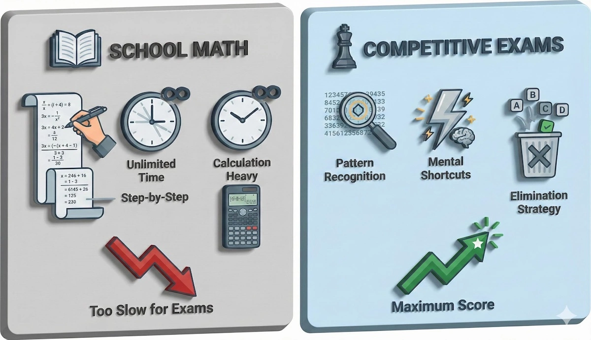 Comparison infographic showing differences between traditional school math approaches versus strategic competitive exam math techniques like pattern recognition and elimination.