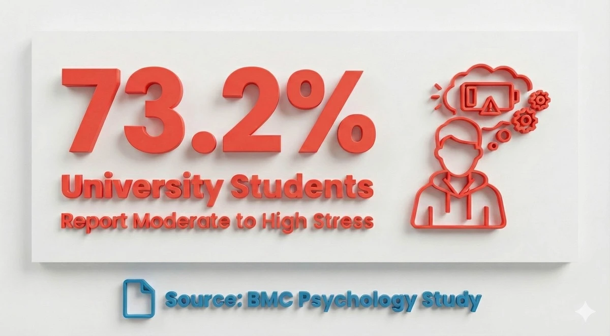 Chart showing 73.2% of STEM students experience moderate-to-high academic stress with highest burnout rates among engineering and science majors
