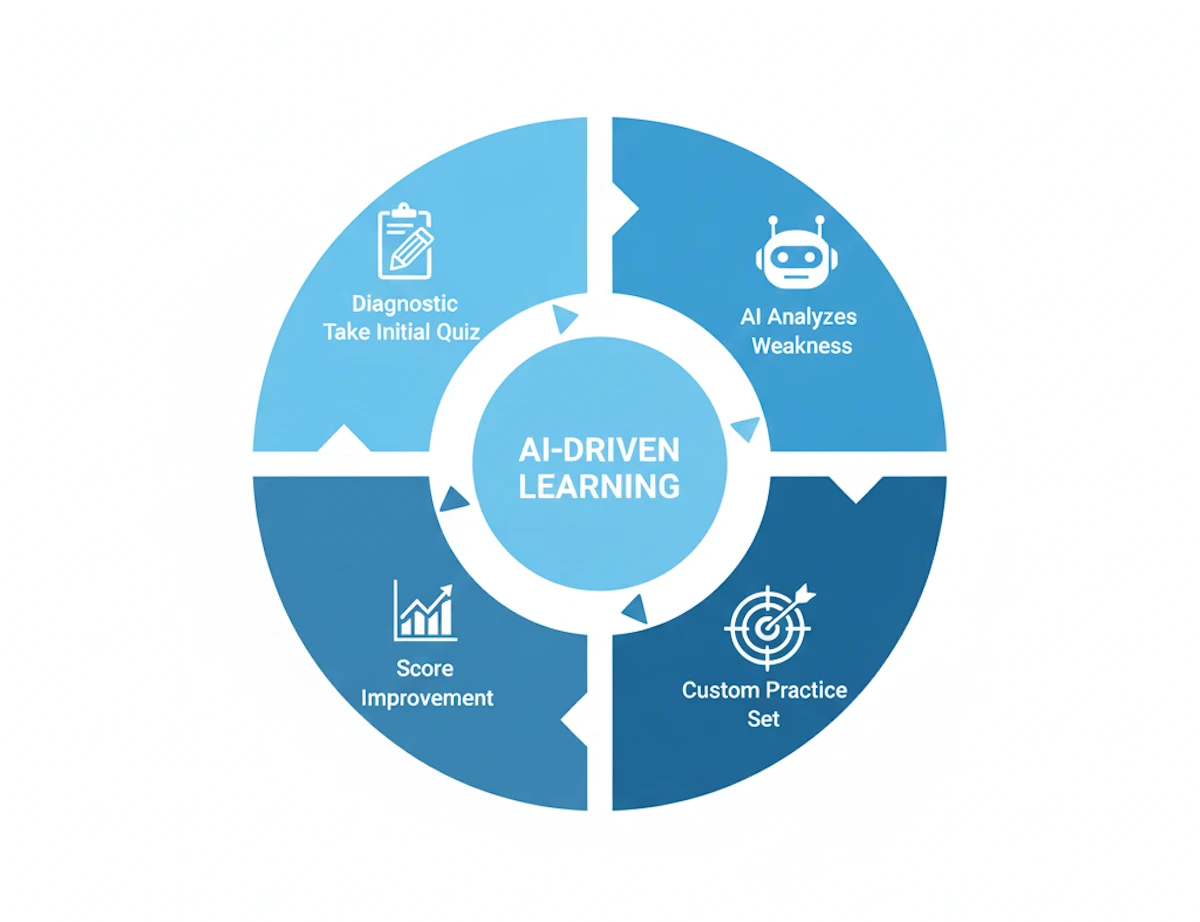 Process diagram explaining how TTP AI Assist personalizes practice questions based on student performance data.