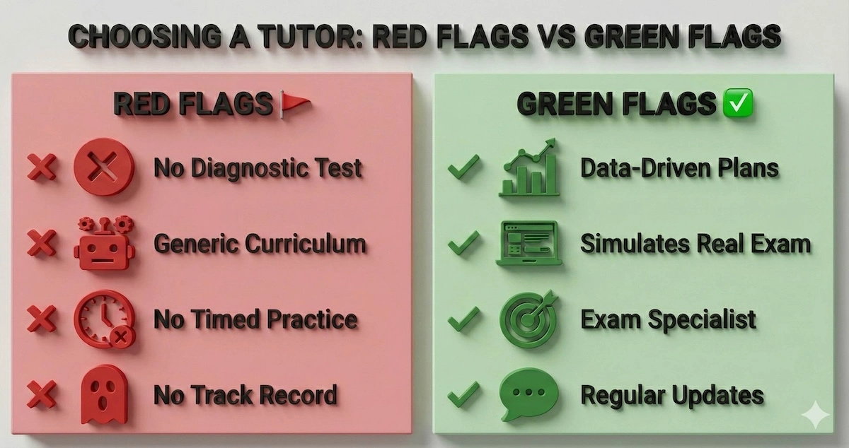Checklist of red flags to avoid and green flags to look for when hiring an online math tutor for competitive exams.