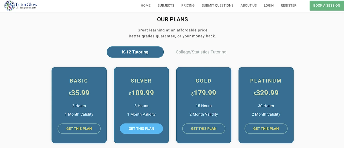 TutorGlow pricing page
