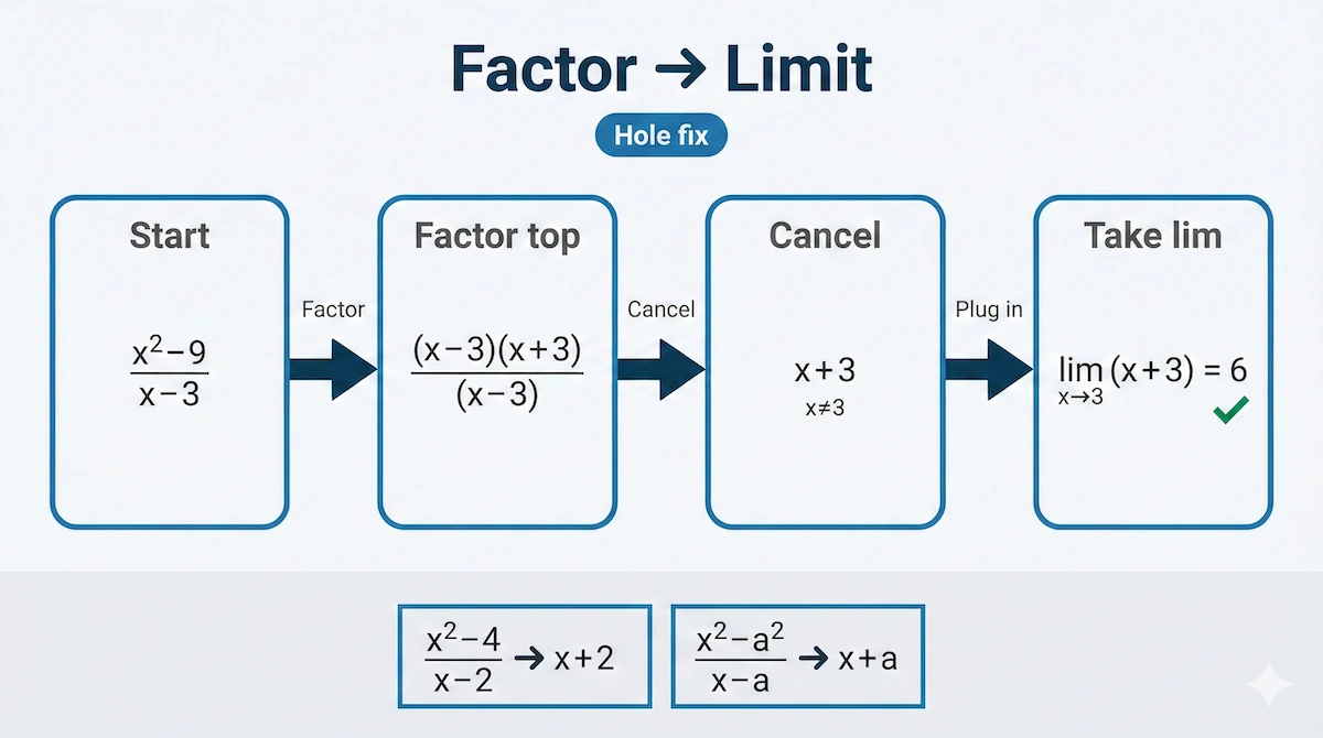 Factoring and canceling workflow for algebra–calculus limits Left-to-right workflow from a rational expression through factoring and canceling to the final limit value, with extra quick examples.