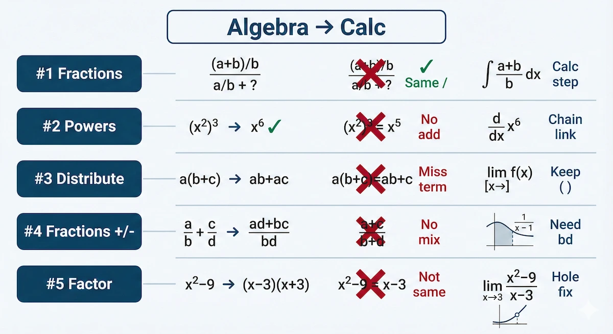 Algebra mistakes map for stronger calculus basics Visual map of 5 common algebra mistakes that hurt calculus work, with tiny examples for fractions, powers, brackets, fractions and factoring.