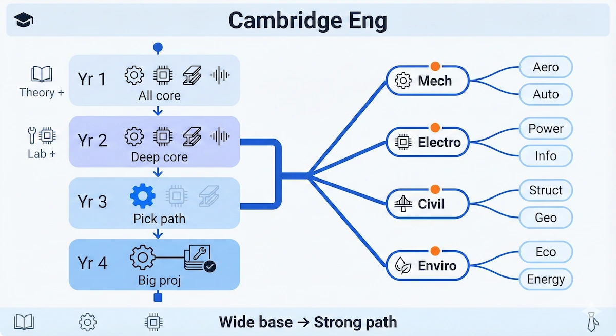 Diagram of the Cambridge Engineering course path from broad core in years 1–2 to specialised branches in years 3–4