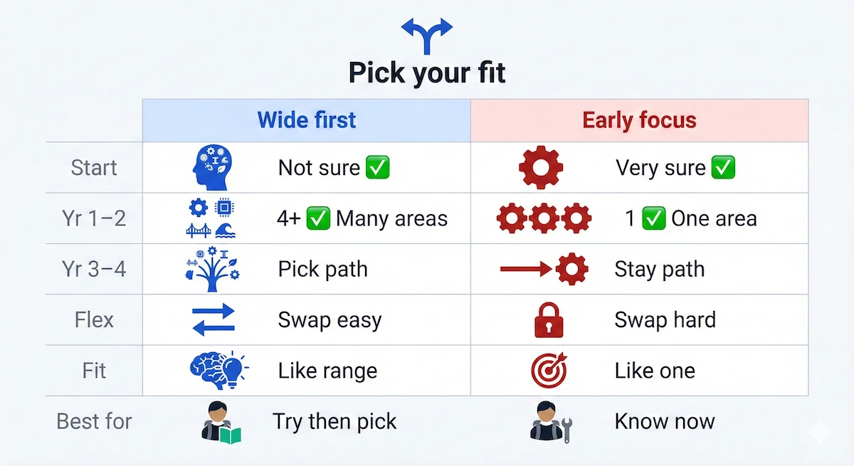 Table comparing a broad Cambridge-style engineering course with a single-branch course across start point, early years, later years, and flexibility.