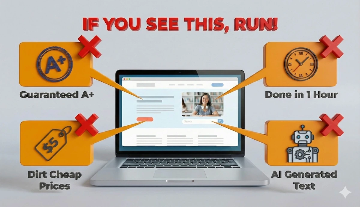 Infographic highlighting warning signs on homework help websites: guaranteed A+ grades, impossible deadlines, suspiciously low prices, and AI-generated content.