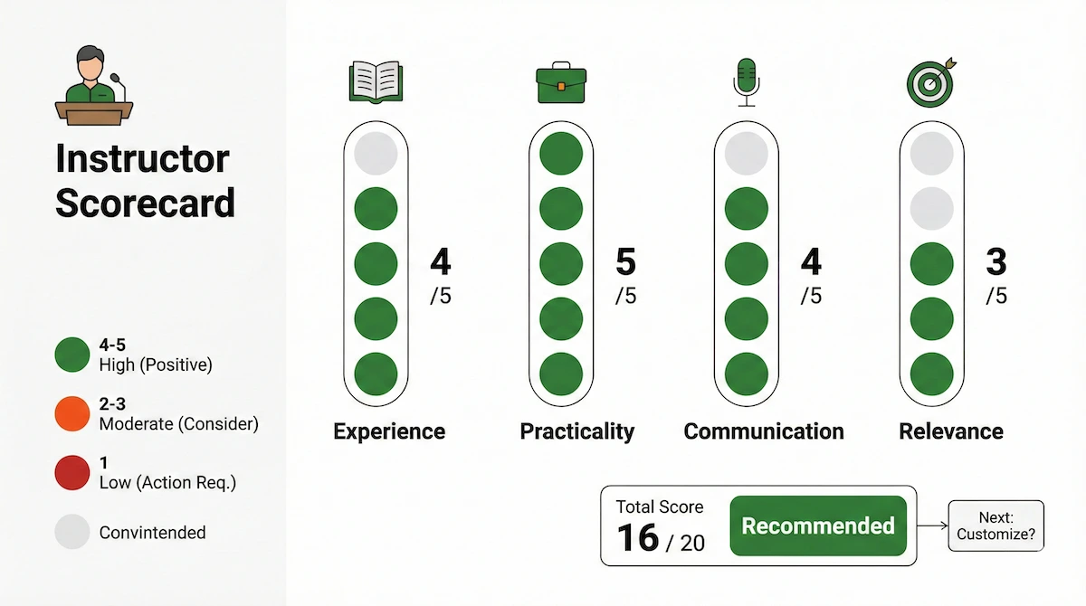 Instructor evaluation scorecard to rate experience, practicality, communication and relevance for leadership trainers.