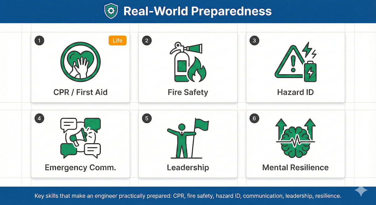 Visual grid showing the 6 components of real-world preparedness for engineers: CPR, fire safety, hazard identification, emergency communication, leadership, resilience.