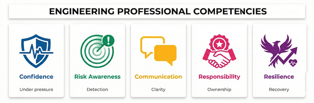 Icon grid illustrating five team benefits of engineer preparedness: confidence, risk awareness, communication, responsibility, resilience.