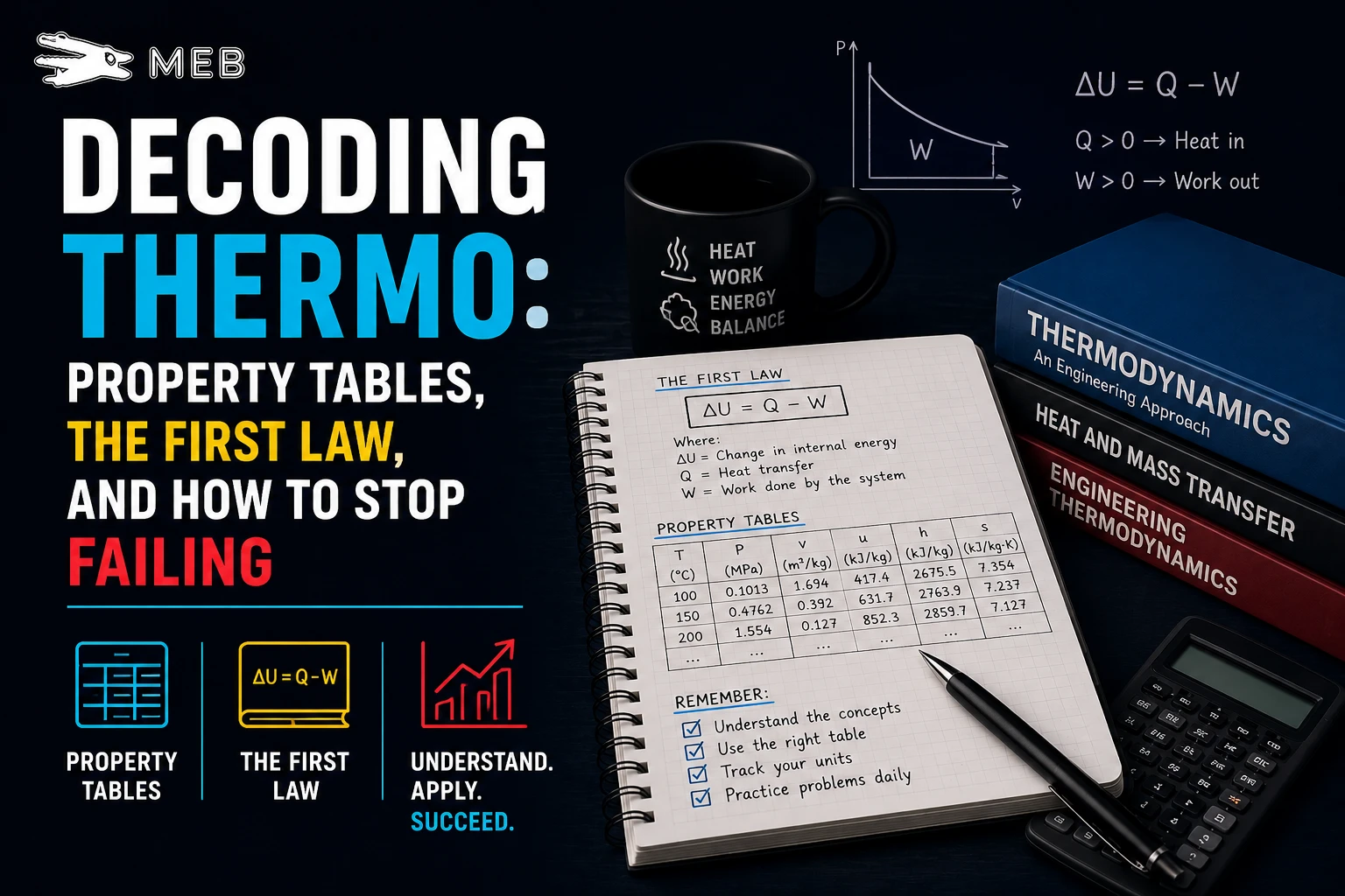 Image shown: Engineering student analyzing thermodynamics steam tables and the first law energy balance equations