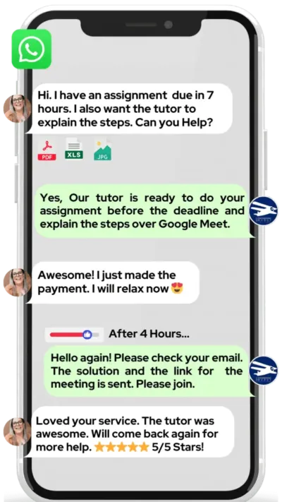 The image consists of a WhatsApp chat between a student and MEB team. The student wants helps with her homework and also wants the tutor to explian the steps over Google meet. The MEB team promptly answered the chat and assigned the work to a suitable tutor after payment was made by the student. The student received the services on time and gave 5 star rating to the tutor and the company MEB. My Engineering Buddy | Get Online Tutoring & Homework Help